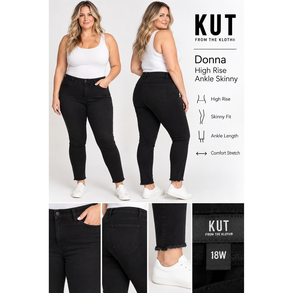 KUT from the Kloth Donna High Rise Ankle Skinny Jeans Black Raw Hem 18W